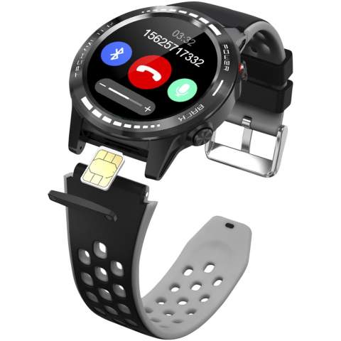 Smartwatch with GPS that generates a map on a mobile device with the route taken. Includes a compass and barometer. Monitors heart rate and blood pressure. Multi-sport mode, steps and calories counter, distance traveled. It also monitors sleep quality and keeps track of daily physical activities. SIM card slot (SIM card not included). Notifications of email, calls, messages, and social networks. Siri Voice Assistant. 360 mAh Li-ion battery. Bluetooth 4.0 connection. Standby mode for 7 days.