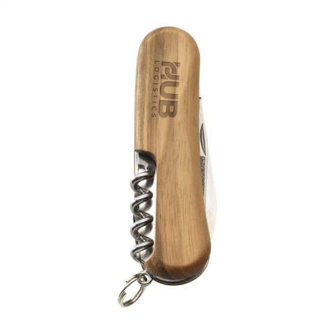 Couteau Suisse original de la marque Victorinox avec poignée en noyer. Chaque couteau est unique grâce au veinage naturel du bois. Les plaques intermédiaires en aluminium dur anodisé et les outils sont fabriqués en acier 100% recyclé. 6 pièces avec 11 fonctions : grand couteau, lime à ongles, tire-bouchon, ouvre-boîte avec petit tournevis de 3 mm, décapsuleur avec grand tournevis de 6 mm, pince à dénuder, alésoir avec poinçon et œillet porte-clés. Comprend un mode d'emploi et une garantie à vie contre les défauts de matériaux et de fabrication.     Victorinox est le symbole mondial de qualité, fiabilité, fonctionnalité et perfection. Attention, la législation en vigueur s'applique concernant la possession et / ou le transport de couteaux ou d'outils multifonctions en public. Emballage par pièce.