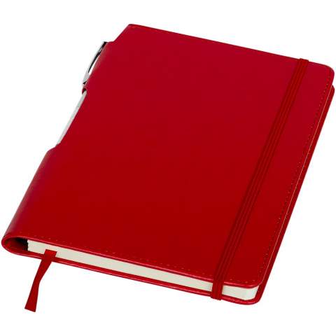 A5 formaat notitieboek met 80 pagina's van 70 gram gelinieerd papier, paginalint en elastieksluiting in bijpassende kleur en zilverkleurige balpen in de binding.