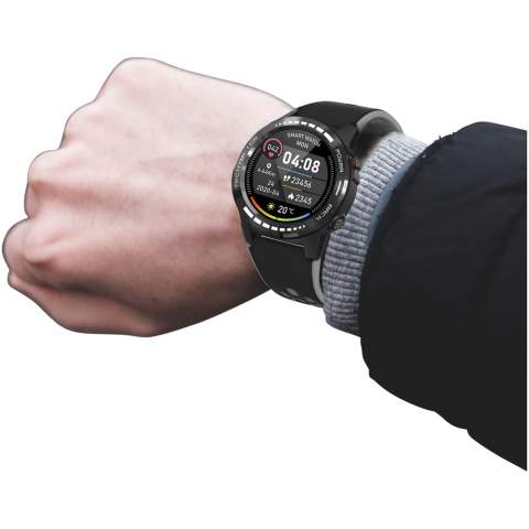 Smartwatch with GPS that generates a map on a mobile device with the route taken. Includes a compass and barometer. Monitors heart rate and blood pressure. Multi-sport mode, steps and calories counter, distance traveled. It also monitors sleep quality and keeps track of daily physical activities. SIM card slot (SIM card not included). Notifications of email, calls, messages, and social networks. Siri Voice Assistant. 360 mAh Li-ion battery. Bluetooth 4.0 connection. Standby mode for 7 days.