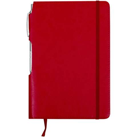 Panama A5 hard cover notebook with pen. A5 reference notebook of 80 sheets cream lined paper (70 g/m2) with matching ribbon and elastic closure. Includes silver ballpoint pen integrated in pen loop spine. PU Plastic. 