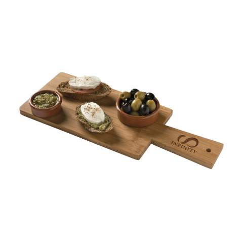 Bamboo serving board. With a finishing top layer of vegetarian soybean oil.  NOTE: Due to the natural grains and contours of bamboo, we cannot guarantee consistency in depth/colour of the engraving. Each item is individually boxed.
