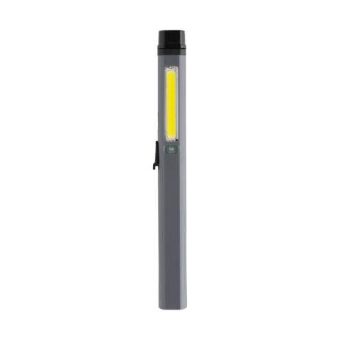 Pocket size pen light with super bright COB, LED and blue light made with RCS certified recycled ABS plastic. Total recycled content: 33% based total item weight. RCS certification ensures a completely certified supply chain of the recycled materials.  The work light uses a re-chargeable A-grade 460 mah lithium battery so no need to replace the batteries. Simply re-charge via your USB socket. The work light comes with 260 lumen COB, 80 lumen LED and blue light. With 4 modes:COB, COB 50%, LED light and blue light. With clip on the back. With type C port for re-charging. Operating time on one charge: 3 hours.<br /><br />Lightsource: COB LED<br />PVC free: true