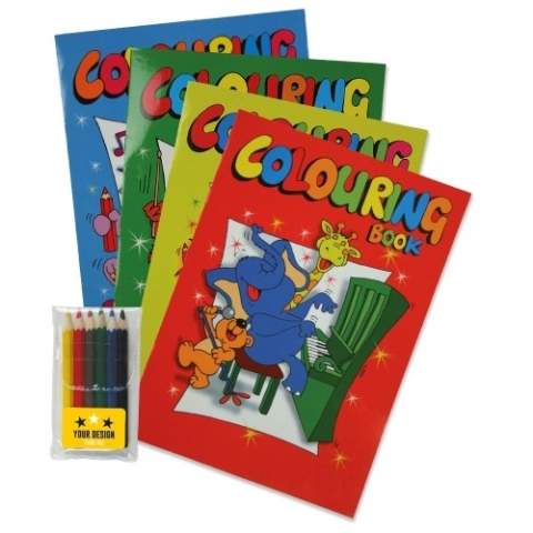 A4 colouring book (310x215mm), eight pages, with six short colour pencils (LT91575) in a transparent polybag. Printing on a sticker on the pencil case.