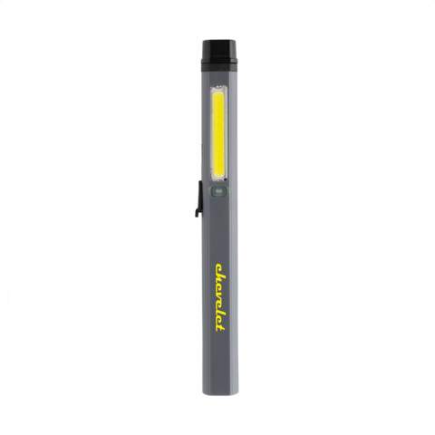 Pocket size pen light with super bright COB, LED and blue light made with RCS certified recycled ABS plastic. Total recycled content: 33% based total item weight. RCS certification ensures a completely certified supply chain of the recycled materials.  The work light uses a re-chargeable A-grade 460 mah lithium battery so no need to replace the batteries. Simply re-charge via your USB socket. The work light comes with 260 lumen COB, 80 lumen LED and blue light. With 4 modes:COB, COB 50%, LED light and blue light. With clip on the back. With type C port for re-charging. Operating time on one charge: 3 hours.<br /><br />Lightsource: COB LED<br />PVC free: true