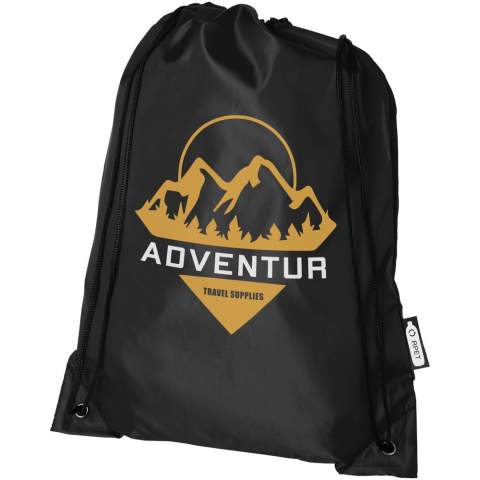 Durable drawstring bag made of 100% recycled, post-consumer plastic which contributes to the reduction of plastic waste. Each bag is made of 3.5 recycled PET bottles. Large main compartment with drawstring closure in black colour. Capacity: 5 litre, resistance up to 5 kg weight.