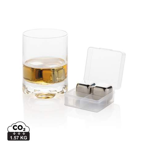 Enjoy your chilled drink with this set of 4 stainless steel ice cubes. The cubes help preserve the taste of your favourite drink with no dilution. The set comes in a handy storage box.They are simple to use: just store them in your freezer and they are ready to use in just 3 hours! Size of the cube 2.5x2.5x2.5cm.