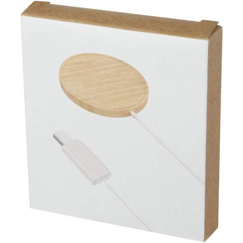 Kabelloses magnetisches Bambus Ladepad mit Type-C-Anschluss, das an der Rückseite des Telefons (iPhone 12/iPhone 12 Pro/iPhone 12 Pro MAX) befestigt werden kann, um das Gerät aufzuladen. Das kabellose 10 W Ladegerät ist mit allen Qi Geräten (iPhone 8 oder höher und Android Geräte, die kabelloses Laden unterstützen) kompatibel, und für andere Telefone kann es als normales kabelloses Ladepad verwendet werden. Wird mit einem zusätzlichen Metallring mit doppelseitigem Klebeband geliefert, um den Artikel mit jedem anderen Smartphone mit kabelloser Ladefunktion kompatibel zu machen. Auslieferung in einer Geschenkbox inklusive Bedienungsanleitung (beides aus nachhaltigen Materialien).