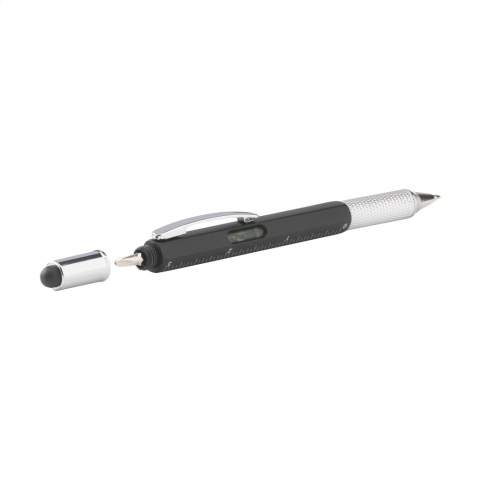 Multifunctional ballpoint pen made of ABS material. With ruler (7 cm/3 inches), spirit level, screwdriver and stylus function. The pen has blue ink, a metal clip and a twist mechanism.