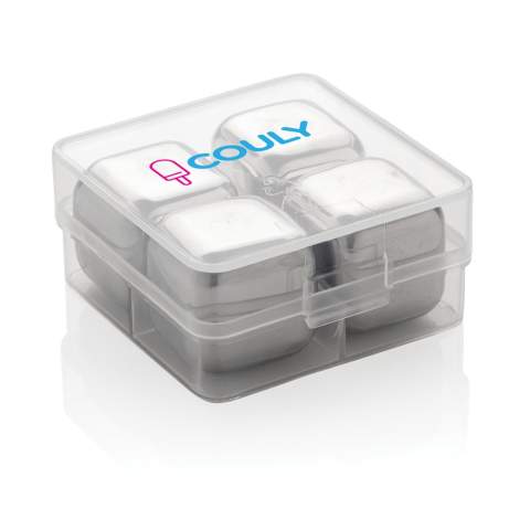 Enjoy your chilled drink with this set of 4 stainless steel ice cubes. The cubes help preserve the taste of your favourite drink with no dilution. The set comes in a handy storage box.They are simple to use: just store them in your freezer and they are ready to use in just 3 hours! Size of the cube 2.5x2.5x2.5cm.
