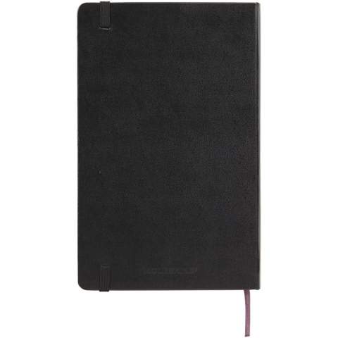 The Moleskine Classic large (13x21cm) hard cover notebook features a cardboard bound cover with rounded corners, acid free paper, a ribbon bookmark and elastic closure. On the first page in case of loss notice with space to jot down a reward for the finder. Attached to the back cover an expandable inner pocket that contains the Moleskine history. The pocket can be used for loose papers and notes. Contains 240 ivory-coloured ruled pages. Pages are also available with dotted, squared and plain paper. Available in a wide range of stylish vibrant colours.