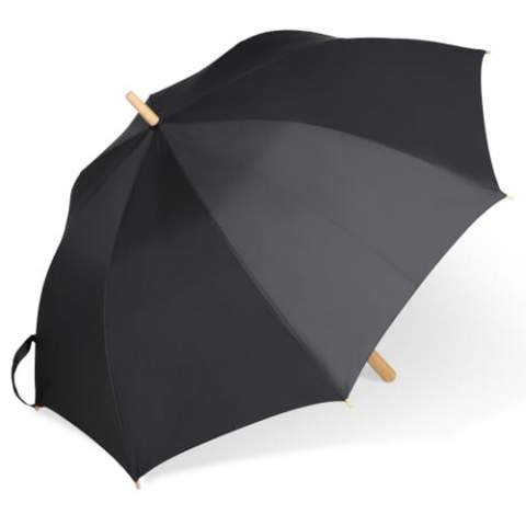 Stick umbrella made of R-PET with a signature Toppoint design wooden hook handle. The fibreglass frame makes the umbrella is storm proof. The tips are made of bamboo and the shaft is metal for better recycling. The heather material gives this umbrella a luxurious look (the black is a solid colour).