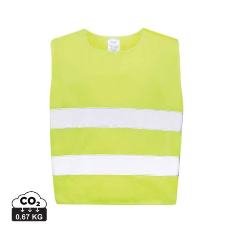 XS-sized high-visibility vest designed for children aged 3 to 6, with a height range of 90 to 140 cm. This vest features space for decoration on both the front and rear sides. It is equipped with hook and loop closures on the shoulders and at the bottom for added safety and easy donning. The elastic bands on the opposite side provide flexibility, allowing it to be comfortably worn over thick coats. This vest has rigorous testing and complies with EN 17353:2020 Type AB3. Furthermore, it adheres to the PPE guidelines specified in Regulation (EU) 2016/425 for Personal Protective Equipment Category II. Made with GRS certified recycled PET. Total recycled content: 55% based on total item weight. GRS certification ensures a completely certified supply chain of the recycled materials.