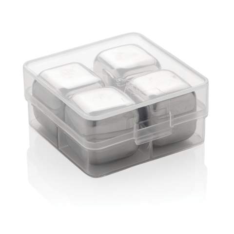 Enjoy your chilled drink with this set of 4 stainless steel ice cubes. The cubes help preserve the taste of your favourite drink with no dilution. The set comes in a handy storage box.They are simple to use: just store them in your freezer and they are ready to use in just 3 hours! Size of the cube 2.5x2.5x2.5cm.