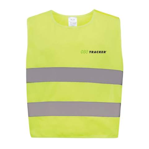 XS-sized high-visibility vest designed for children aged 3 to 6, with a height range of 90 to 140 cm. This vest features space for decoration on both the front and rear sides. It is equipped with hook and loop closures on the shoulders and at the bottom for added safety and easy donning. The elastic bands on the opposite side provide flexibility, allowing it to be comfortably worn over thick coats. This vest has rigorous testing and complies with EN 17353:2020 Type AB3. Furthermore, it adheres to the PPE guidelines specified in Regulation (EU) 2016/425 for Personal Protective Equipment Category II. Made with GRS certified recycled PET. Total recycled content: 55% based on total item weight. GRS certification ensures a completely certified supply chain of the recycled materials.