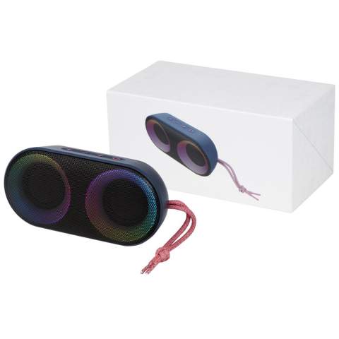 Powerful 7W IPX6 certified wireless speaker with RGB mood light, that is perfect for outdoor activities like a picnic, BBQ, beach or pool party. The built-in 1500mAh battery ensures up to 4 hours of playback time at max volume with RGB mood light ON. Bluetooth® 5.1 with a range up to 10 meters. Built-in microphone, pick-up function, and voice assistant for hands-free control. The speaker has an AUX jack and TF card slot (card not included). Delivered in a premium gift box.