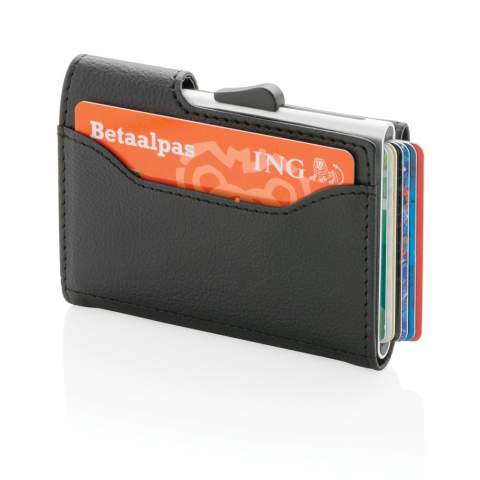This solid aluminium card holder protects your most important cards against electronic pickpocketing. No more broken or bent cards. It can hold up to 7 cards or 5 embossed cards. The side button slider will push the cards up gradually. The wallet can hold your cash.