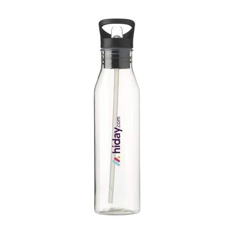 WoW! Water bottle with transparent body from RPET. The screw cap has a collapsible mouthpiece and sealable straw, allowing you to keep your head straight while drinking. This way you can take a sip whilst also keeping your eyes on the road while driving. This bottle is easy to carry with one finger. Durable, reusable leak-proof and BPA-free. Capacity 720 ml. GRS-certified. Total recycled material: 71,5%.