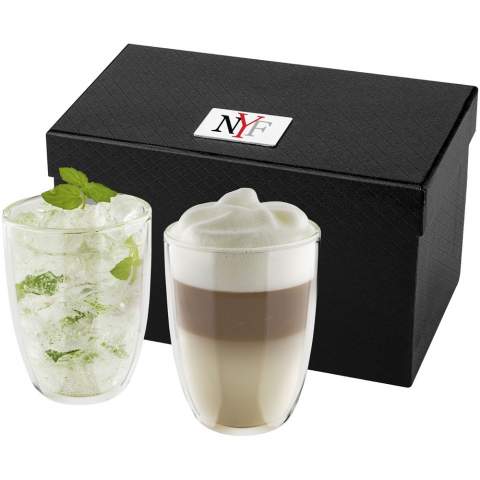 Double walled isolating 290 ml glass set. Ideal for serving your favorite latte macchiato, ice tea or any hot or cold drinks. Presented in a luxury gift box. Logo plate included.