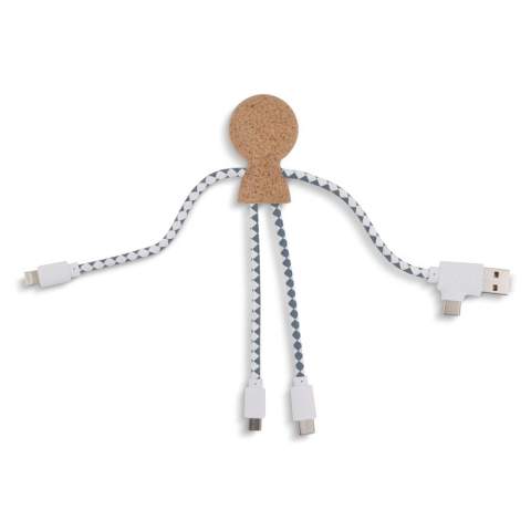 Mr. Bio Cork ist unser neuestes Multiladekabel mit einem dualen USB- und USB-C-Eingangsanschluss und drei Anschlüssen zum Laden Ihrer Geräte. Es ist aus Kork und DuPont Tyvek-Kabeln hergestellt. Es wird in einem eleganten, nachhaltigen FSC-Papierumschlag verpackt.