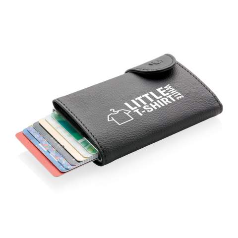 This solid aluminium card holder protects your most important cards against electronic pickpocketing. No more broken or bent cards. It can hold up to 7 cards or 5 embossed cards. The side button slider will push the cards up gradually. The wallet can hold your cash.