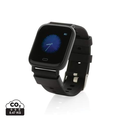 Modern lifestyle watch with 1.3” point touch colour screen to track your activities all day long. Made with RCS (Recycled Claim Standard) certified recycled TPU armband and ABS frame. Total recycled content: 31% based on total item weight. RCS certification ensures a completely certified supply chain of the recycled materials. Features include: Step count, calories, distance, multi-sport tracking alarm clock, heart rate tracking, blood pressure monitoring, sleep monitor, calendar updates, make and receive calls, notifications: SMS, Facebook, Skype, WhatsApp, Twitter etc. Compatible with Android 4.4 and IOS 8.0 and above. IPX 67 water resistant and dustproof. BT 5.0. Standby time of 15 days and working time up to 5 days. Including clip charger to charge the watch. Packed in FSC® mix kraft packaging. Item and accessories 100% PVC free.<br /><br />HasBluetooth: True<br />PVC free: true