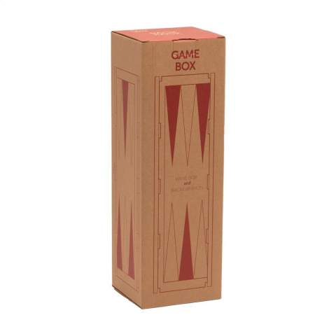 Rackpack Gamebox Backgammon: a wine gift box and backgammon game in one. A gift box for one bottle of wine. The box fully opens to reveal a complete board game. Features wooden game pieces in a sturdy canvas storage bag. The complete gift for a successful game night. Rackpack: a wine gift box made from FSC 100% certified wood with a new second life! • suitable for one bottle of wine • pine wood • wine not included. Each item is supplied in an individual brown cardboard box.