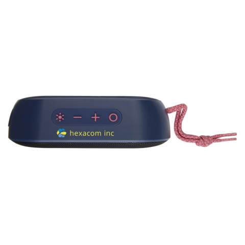 Powerful 7W IPX6 certified wireless speaker with RGB mood light, that is perfect for outdoor activities like a picnic, BBQ, beach or pool party. The built-in 1500mAh battery ensures up to 4 hours of playback time at max volume with RGB mood light ON. Bluetooth® 5.1 with a range up to 10 meters. Built-in microphone, pick-up function, and voice assistant for hands-free control. The speaker has an AUX jack and TF card slot (card not included). Delivered in a premium gift box.