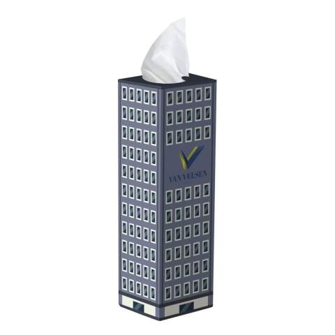 Tower tissue box filled with 50 3-ply tissues.