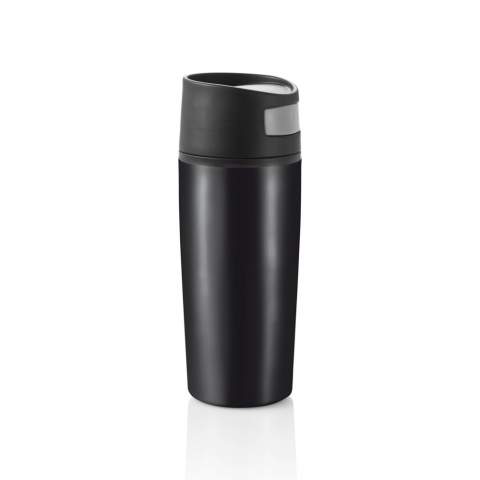 Auto is a 300ml tumbler with black PP coating and an innovative push system which allows you to control it with only one hand. Ideal for in the car. Registered design®<br /><br />HoursHot: 3<br />HoursCold: 6