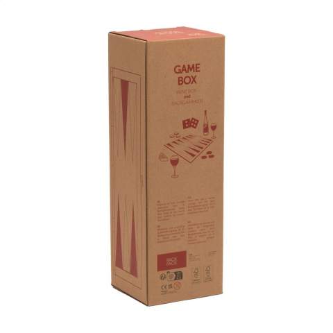 Rackpack Gamebox Backgammon: a wine gift box and backgammon game in one. A gift box for one bottle of wine. The box fully opens to reveal a complete board game. Features wooden game pieces in a sturdy canvas storage bag. The complete gift for a successful game night. Rackpack: a wine gift box made from FSC 100% certified wood with a new second life! • suitable for one bottle of wine • pine wood • wine not included. Each item is supplied in an individual brown cardboard box.