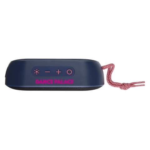 Powerful 7W IPX6 certified wireless speaker with RGB mood light, that is perfect for outdoor activities like a picnic, BBQ, beach or pool party. The built-in 1500mAh battery ensures up to 4 hours of playback time at max volume with RGB mood light ON. Bluetooth® 5.1 with a range up to 10 meters. Built-in microphone, pick-up function, and voice assistant for hands-free control. The speaker has an AUX jack and TF card slot (card not included). Delivered in a premium gift box.