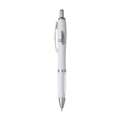 Blue or blackink ballpoint pen with white barrel with coloured, non-slip grip and metal clip.