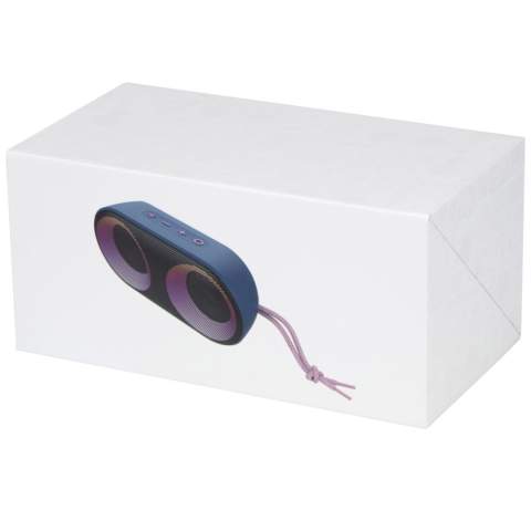 Powerful 7W IPX6 certified wireless speaker with RGB mood light, that is perfect for outdoor activities like a picnic, BBQ, beach or pool party. The built-in 1500mAh battery ensures up to 4 hours of playback time at max volume with RGB mood light ON. Bluetooth® 5.1 with a range up to 10 meters. Built-in microphone, pick-up function, and voice assistant for hands-free control. The speaker has an AUX jack and TF card slot (card not included). Delivered in a premium gift box.