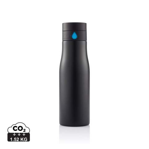 Track your daily hydration goals with this smart designed stainless steel 650ml. water bottle. The lid displays a bigger water drop each time you refill and twist the collar so you can easily keep count of the number of bottles you drink. Handwash only and leakproof. Registered design®