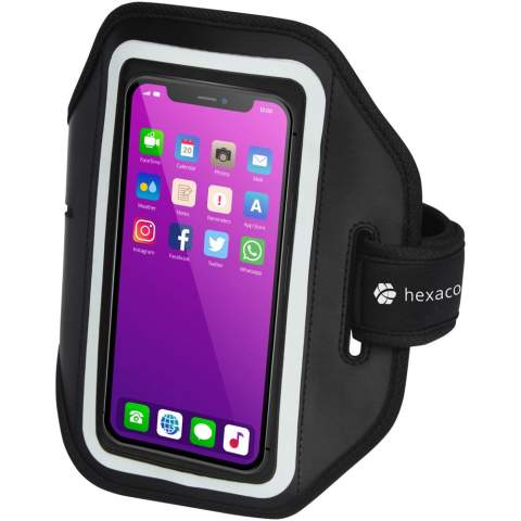 Verstelbare armband met klittenbandsluiting en transparante hoes om uw smartphone te beschermen en te bedienen tijdens het hardlopen of elke andere activiteit. Geschikt voor verschillende grotere smartphones zoals iPhone X, 8, 7, 6, 5 en/of Galaxy Note S9, S8, S7, S6. Formaat van telefoonhoes is 8 x 18 cm. De transparante hoes heeft een reflecterende strip voor extra zichtbaarheid in het donker. De armband met klittenbandsluiting kan op verschillende maten worden aangepast. Inclusief een extra vak om uw sleutels of munten in te doen.