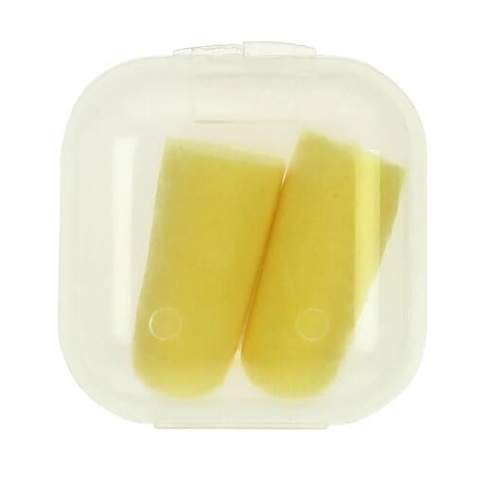 Twee zachte oordopjes handzaam verpakt in een transparant doosje. Bedrukking middels tampondruk op het doosje.