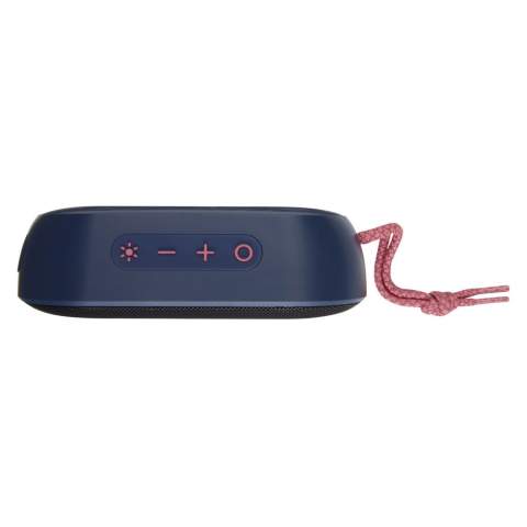 Powerful 7W IPX6 certified wireless speaker with RGB mood light, that is perfect for outdoor activities like a picnic, BBQ, beach or pool party. The built-in 1500mAh battery ensures up to 4 hours of playback time at max volume with RGB mood light ON. Bluetooth® 5.1 with a range up to 10 meters. Built-in microphone, pick-up function, and voice assistant for hands-free control. The speaker has an AUX jack and TF card slot (card not included). Delivered in a premium gift box.