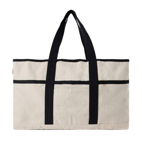 Hit the beach in style with this generous beach bag. Its spacious design, complemented by a towel holder at one side, makes it perfect for beach outings or picnics. The interior features a pocket to keep your valuables safe and secure. Crafted from 500 gsm recycled canvas. The canvas remains undyed and unbleached, eliminating any environmental impact from chemicals. Crafted from 100% recycled material, this bag reinforces our dedication to responsible sourcing. It also features the AWARE™ tracer technology, validating the genuine use of recycled materials. 2% of the proceeds of each product sold will be donated to Water.org.