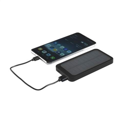 Powerful, high-capacity power bank with solar panel and built-in rechargeable polymer battery (4000mAh). Can be charged with solar energy or mains electricity (using USB port). The casing is made from recycled ABS. Input: 5V/1A. Output: 5V/1A. Includes charging cable with USB-C connection, USB-C connector and user manual. Each item is individually boxed.