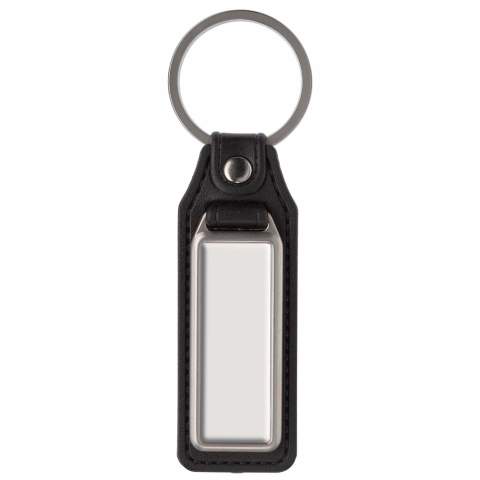 Metalen rechthoekige sleutelhanger met ring. Met enkelzijdige doming.