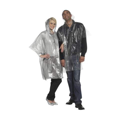 Transparent, lightweight waterproof plastic poncho in a poly bag. Unfolded dimensions, measured without hood: 100 x 120 cm.