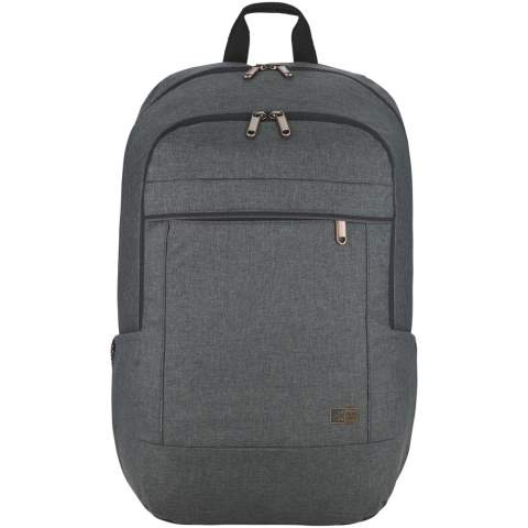 A professional laptop backpack, perfect for those who like to balance comfort and style. The spacious main compartment features thickly padded storage for a laptop up to 15" and a dedicated slip pocket for a 10.5" tablet. There is an additional compartment for power brick storage as well as a quick access front pocket for small electronics. Two side pockets give easy access to water bottles or go-to items. The back luggage strap securely attaches the bag to most rolling luggage. Heathered material, copper touch points, and trim details create a modern professional look.