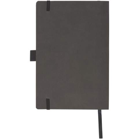 Flexible soft touch cover notebook (A5 size reference) with built-in elastic closure, ribbon page marker, pen loop, document pocket on interior back cover and 80 sheets (80gsm) of cream lined paper. Packed in a black sleeve.