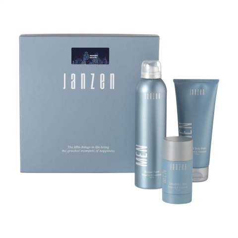 Un coffret cadeau de la marque Janzen, spécialement composé pour les hommes, avec 3 produits de soin pour une peau et des cheveux agréables. Contenu : • Mousse de douche - 200 ml • Gel douche corps et cheveux - 200 g • Déodorant stick - 75 ml. Ce coffret cadeau contenant de délicieux produits de soin permet de commencer la journée en toute fraîcheur et en toute confiance. Avec un parfum délicieux de bergamote et de bois de cèdre, complété par des notes d'agrumes, de noix de muscade et de musc. Les produits sont emballés dans un coffret cadeau luxueux. Par set dans une boîte.