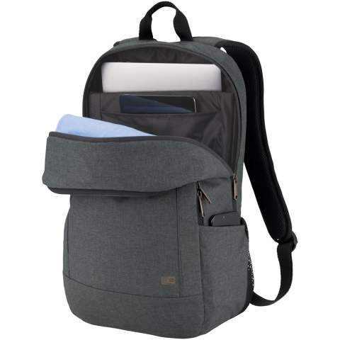 A professional laptop backpack, perfect for those who like to balance comfort and style. The spacious main compartment features thickly padded storage for a laptop up to 15" and a dedicated slip pocket for a 10.5" tablet. There is an additional compartment for power brick storage as well as a quick access front pocket for small electronics. Two side pockets give easy access to water bottles or go-to items. The back luggage strap securely attaches the bag to most rolling luggage. Heathered material, copper touch points, and trim details create a modern professional look.