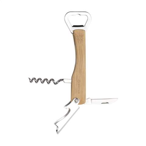 Tire-bouchon pliable en métal avec un manche en bambou et 4 fonctions : 1 tire-bouchon, 2 ouvre-bouteille et 1 couteau. Chaque article est fourni dans une boite individuelle en papier kraft marron.
