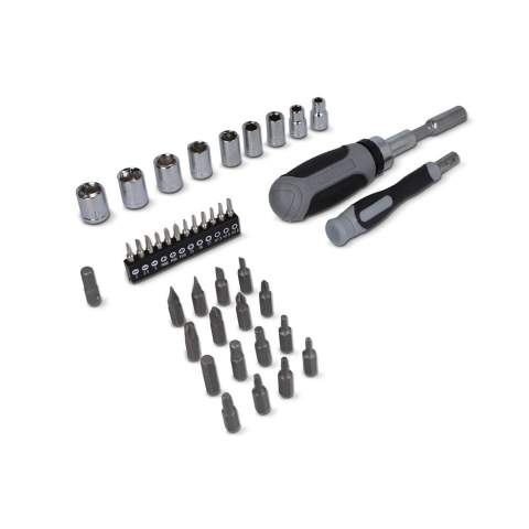 Set d'outils complet de 41 pièces : 1 x connecteur de tournevis de 60 mm ; 1 x poignée de tournevis ; 1 x tournevis à cliquet ; 1 x AD de 24 mm ; 9 x douilles de 1/4 de pouce ; 16 x embouts de tournevis de 25 mm ; 12 x embouts de tournevis de 28 mm
