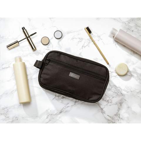 WoW! Large toiletry bag with zipper. Made from 600D RPET: recycled material made from PET bottles. With carrying strap and front pocket with zipper. The metal label on the front makes this product ideal for personalisation.