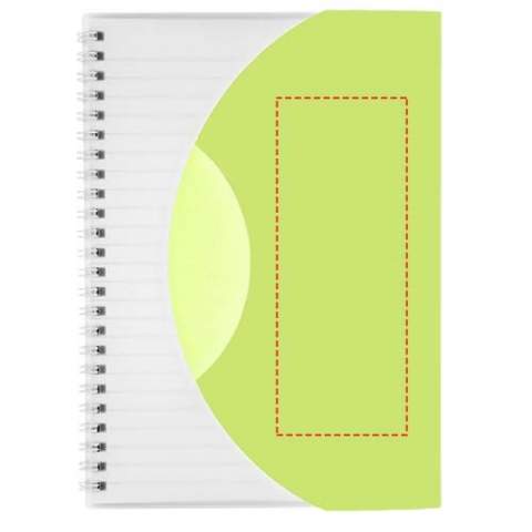 Curve A5 notitieboek. Bevat 50 vel (80 g/m2) blanco papier en een gekleurde 500 micron polypropyleen kaft. Door de gebogen vorm blijft het notitieboekje goed gesloten.  Decoratie mogelijk op de omslag en op elk vel.